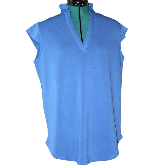 SSYS The Label Blue Ruffle Collar Split Neck Cap Sleeve Top Blouse Women Size S - Picture 2 of 4